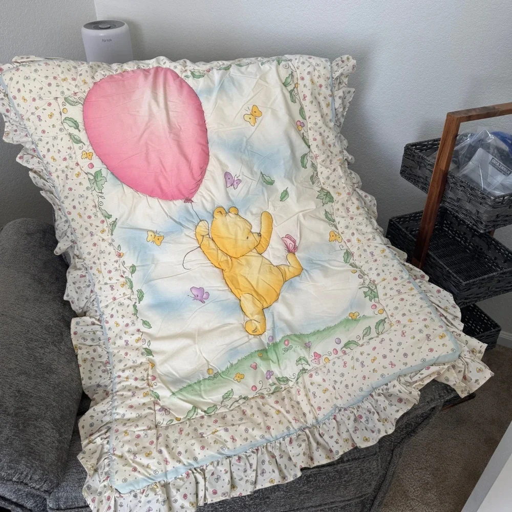 Vintage Disney Classic Pooh Baby Quilt Cream Pink 1999 Vintage Ruffle Blanket